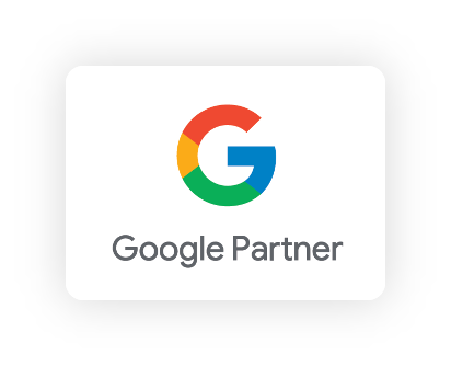 Badge Google Partner : logo multicolore et texte gris sur fond blanc aux coins arrondis, ombre discrète.