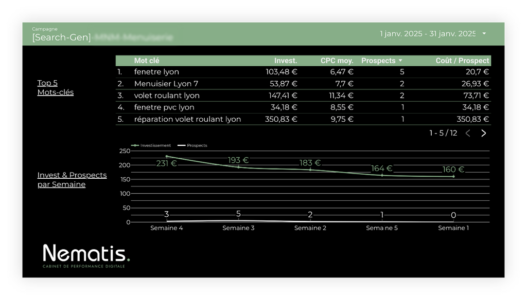 Tableau de pilotage Nematis : performance mots-clés, investissements et prospects, janvier 2025.